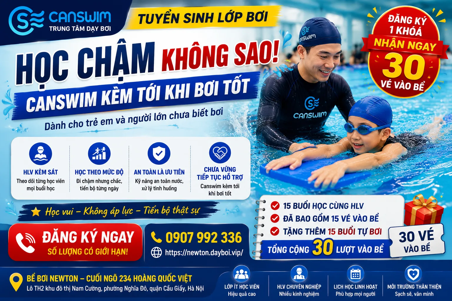 Học viên chưa đạt tiếp tục được kèm tại CanSwim cho đến khi bơi tốt